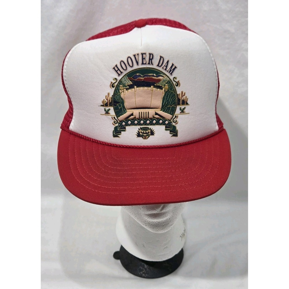 Vintage Hoover Dam Mesh SnapBack Hat Red Trucker Cap Made In USA Souvenir 80s